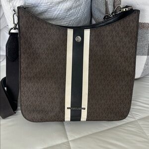 Michael Kors Brown Logo Messenger Bag with Black and Cream Stripe